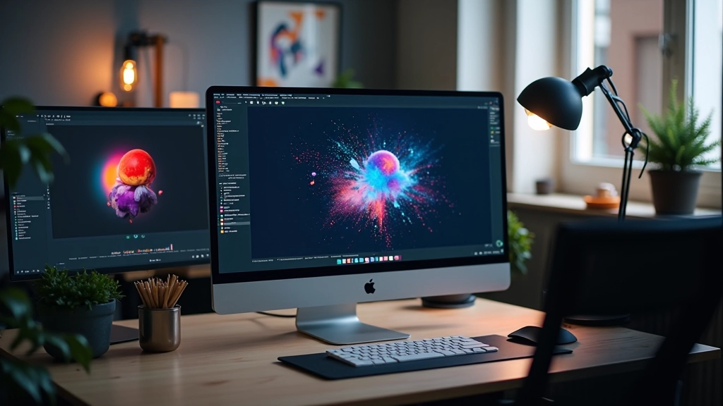 Espaço de trabalho profissional com animações de UI em monitores e ambiente criativo